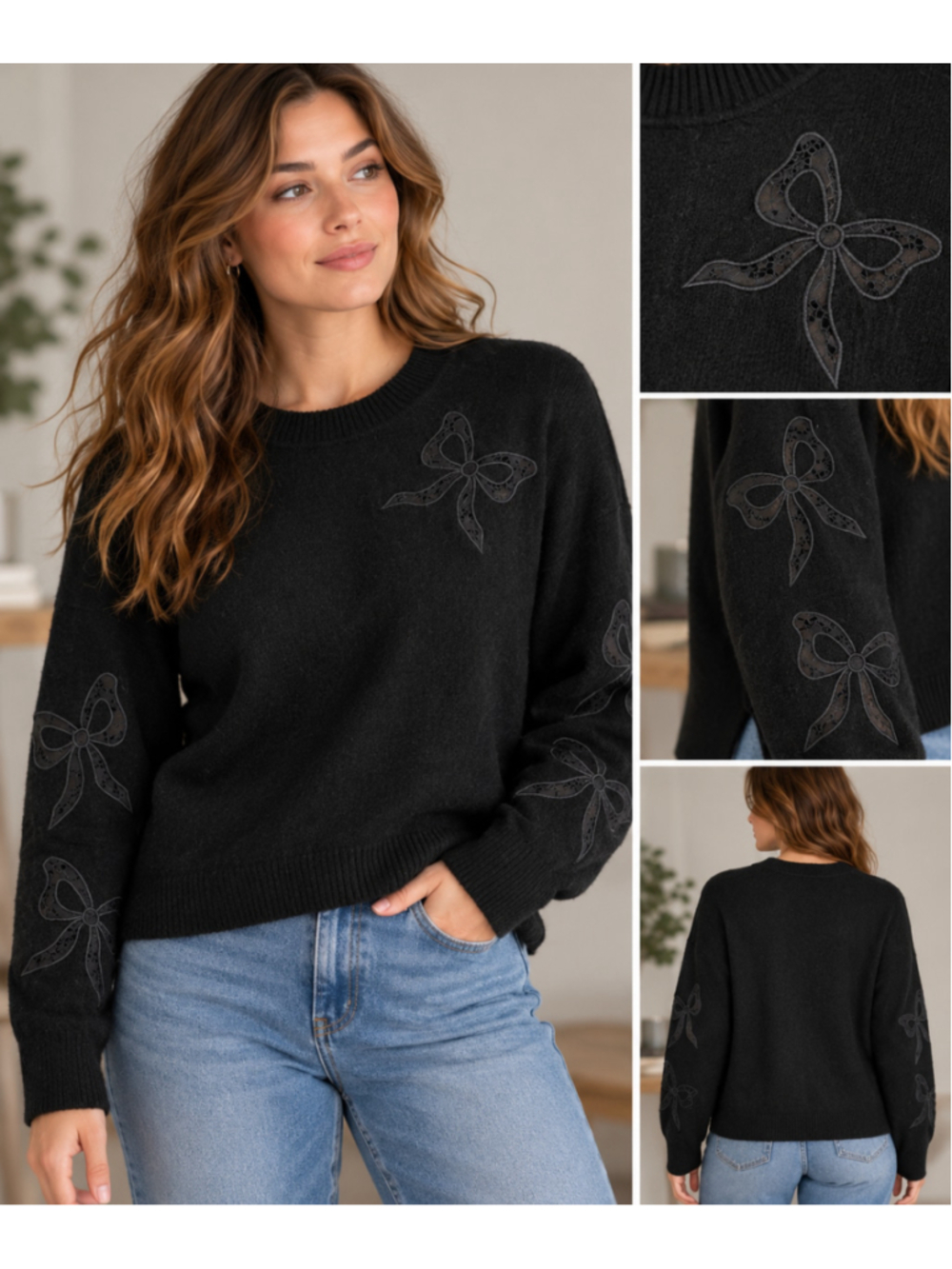 1.STATE Black Lace Bow Appliqué Sweater Size Large Coquette Balletcore EUC
